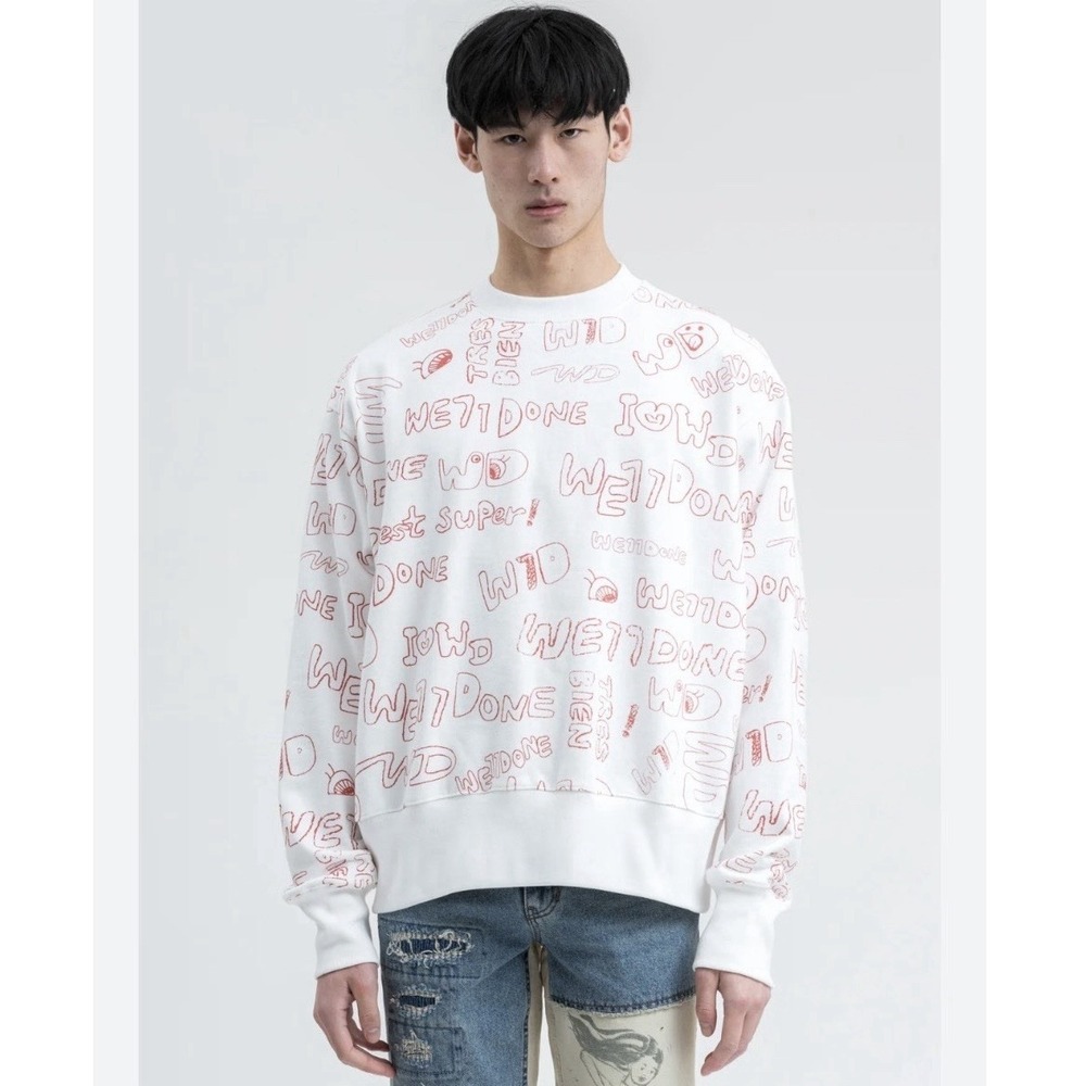 WE11DONE Graffiti Sweatshirt White Oversized M Streatwear Korea K-Fashion Unisex